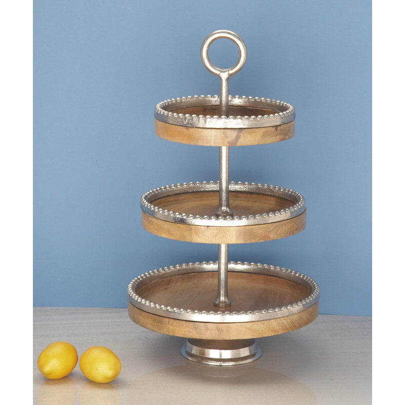 Elegant 14" Round Mango Wood & Silver Aluminum 3-Tier Tray Stand