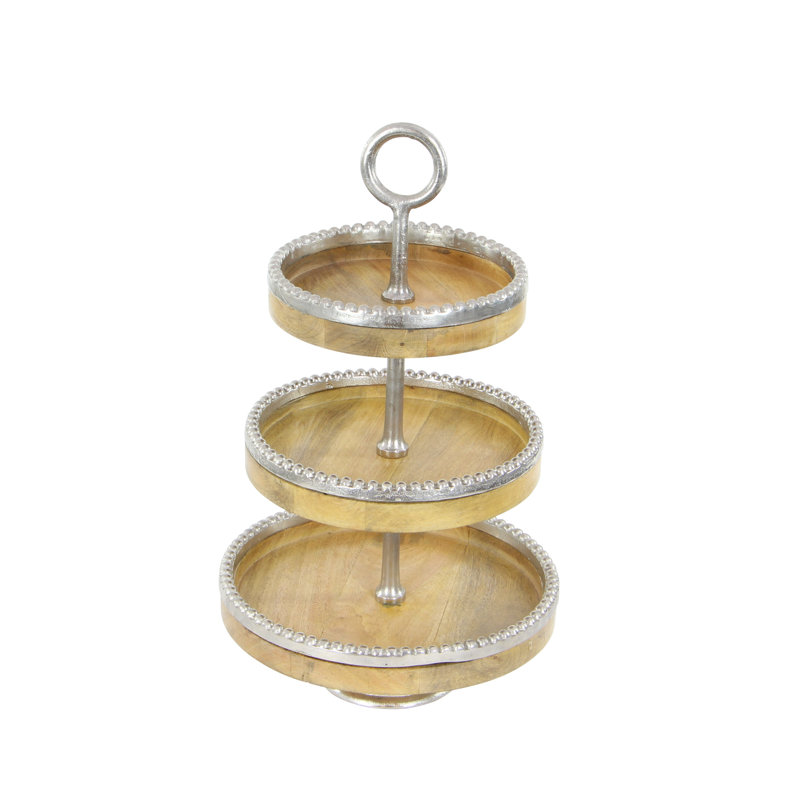 Elegant 14" Round Mango Wood & Silver Aluminum 3-Tier Tray Stand