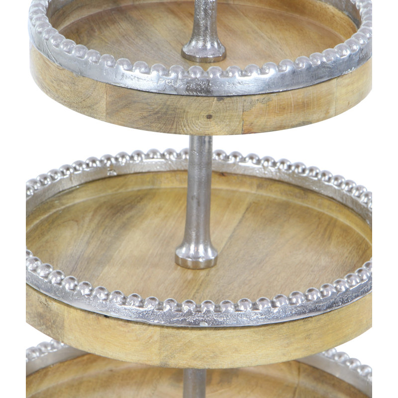 Elegant 14" Round Mango Wood & Silver Aluminum 3-Tier Tray Stand