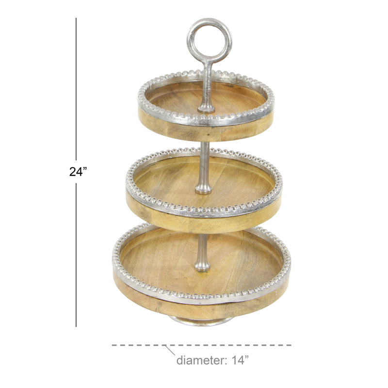 Elegant 14" Round Mango Wood & Silver Aluminum 3-Tier Tray Stand