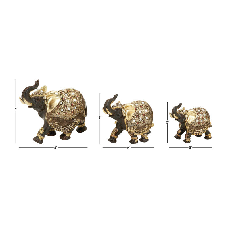Majestic Trio Gold Polystone Elephant Statues with Satin Finish