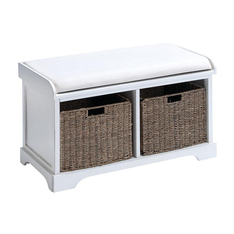 Elegant White Linen Cushioned Storage Bench with Wicker Baskets