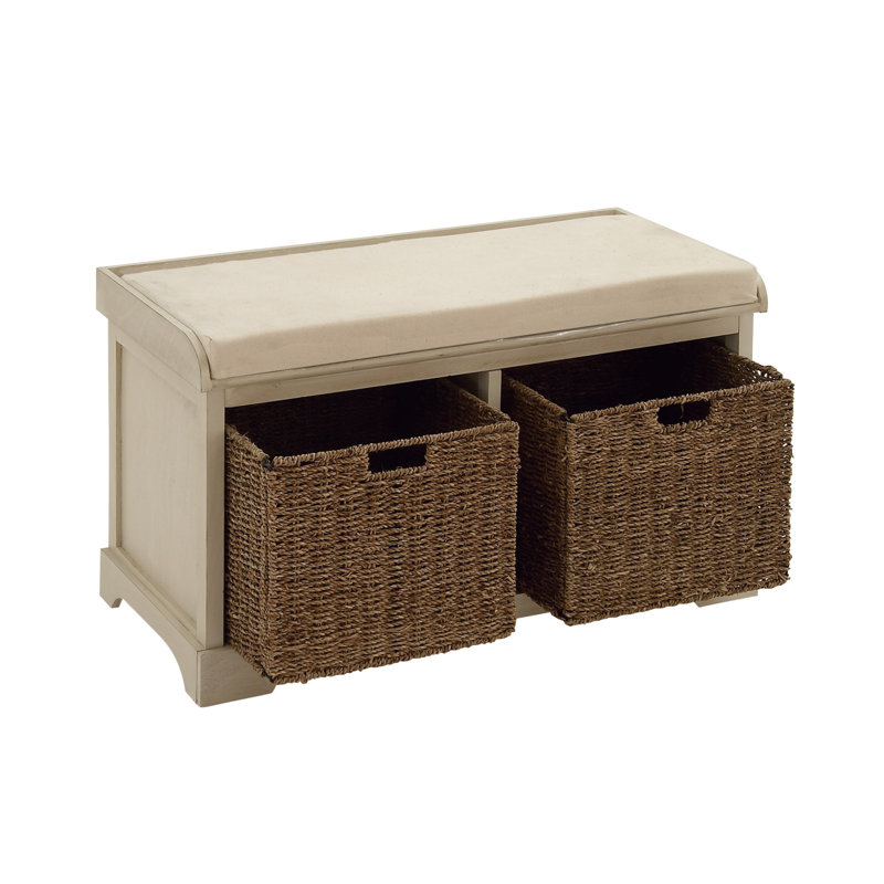 Elegant White Linen Cushioned Storage Bench with Wicker Baskets