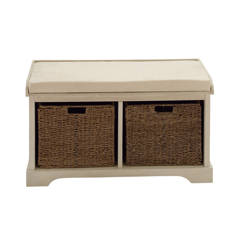 Elegant White Linen Cushioned Storage Bench with Wicker Baskets