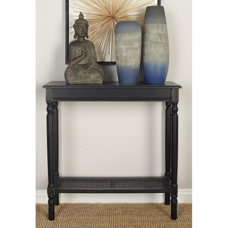 Black Wood Console Table with Glass Shelf and Storage