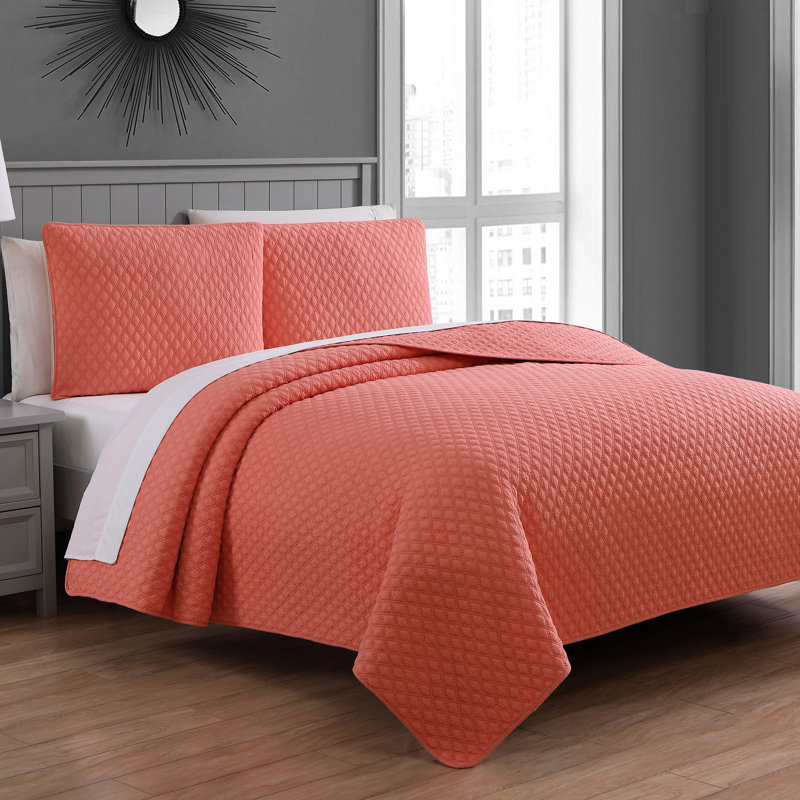 Fenwick Coral King Cotton Quilt Set with Geometric Stitching
