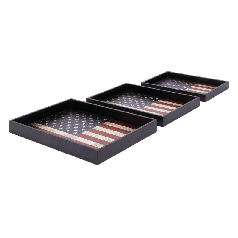 Rustic Elegance Patriotic American Flag Serving Tray Set, Red/White/Blue, 3-Pack