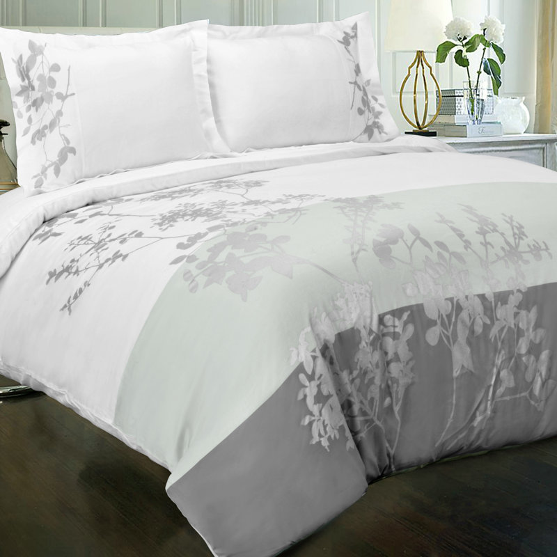King/California King White Gray Cotton Floral Duvet Cover Set