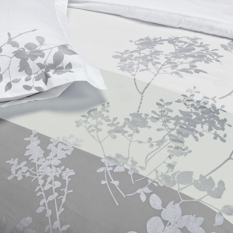 King/California King White Gray Cotton Floral Duvet Cover Set