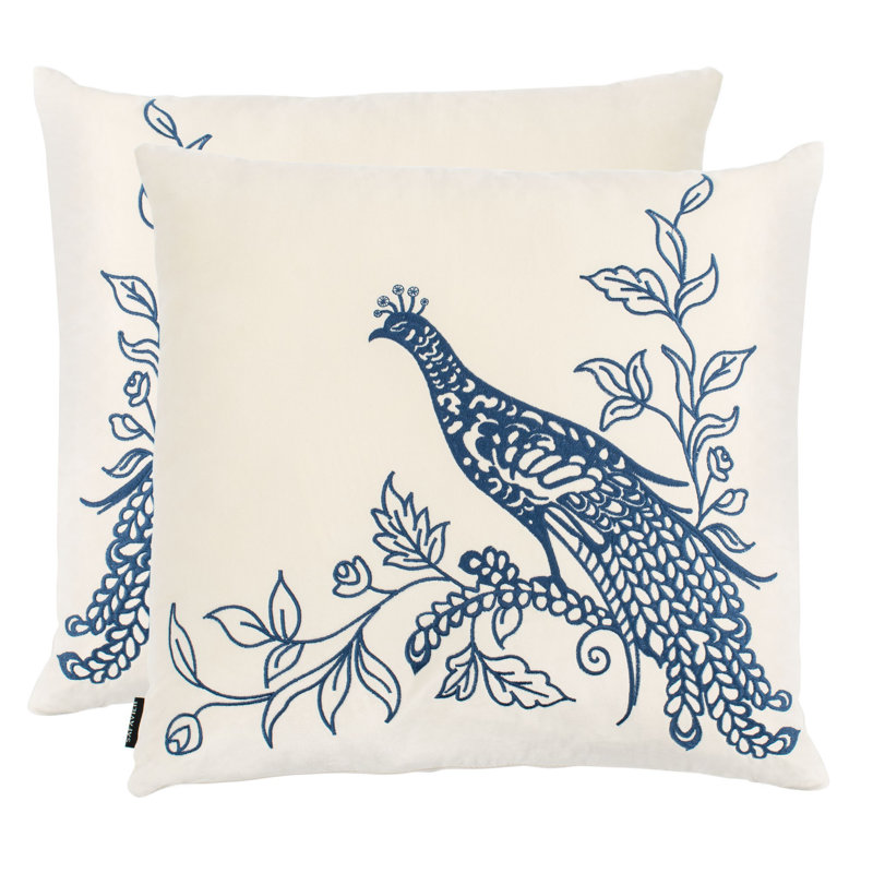 Boho-Chic Cream and Blue Peacock Decorative Pillow Set