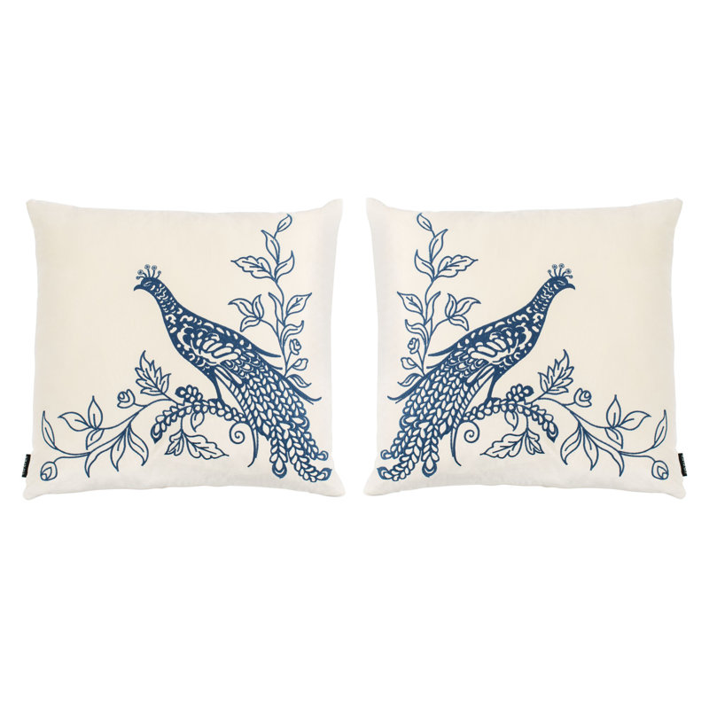 Boho-Chic Cream and Blue Peacock Decorative Pillow Set