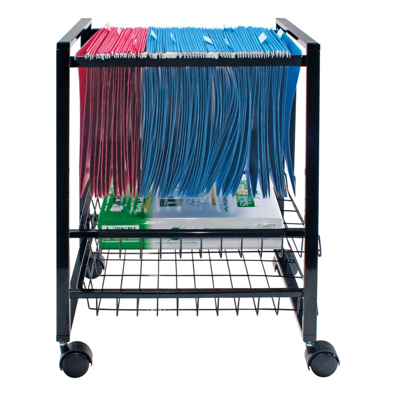 Compact Black Steel Mobile File Cart with Dual-Wheel Casters