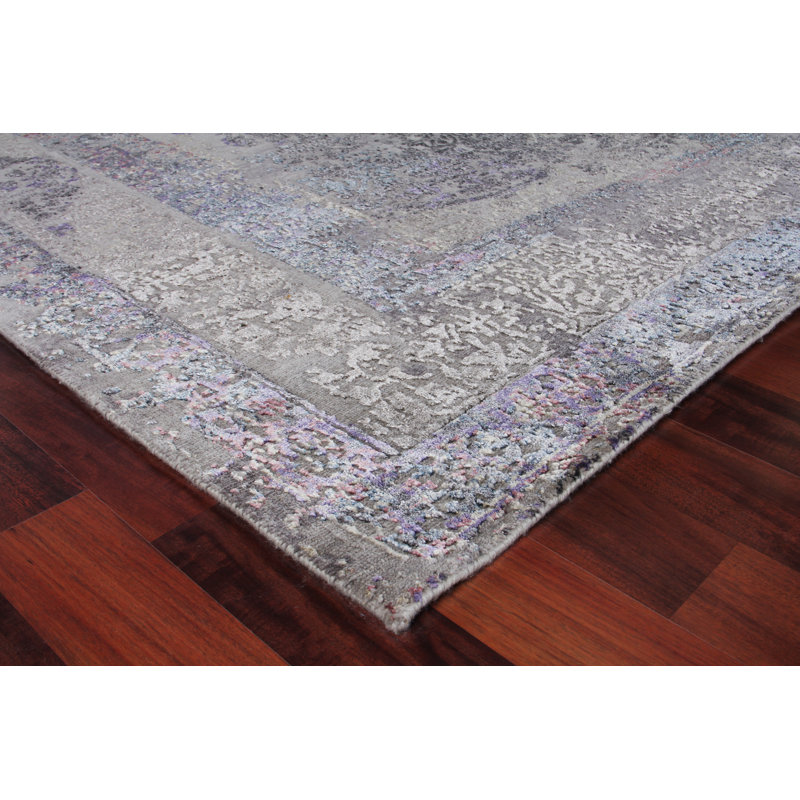Maison Charcoal and Purple Hand-Knotted Wool Viscose Rug 10' x 14'