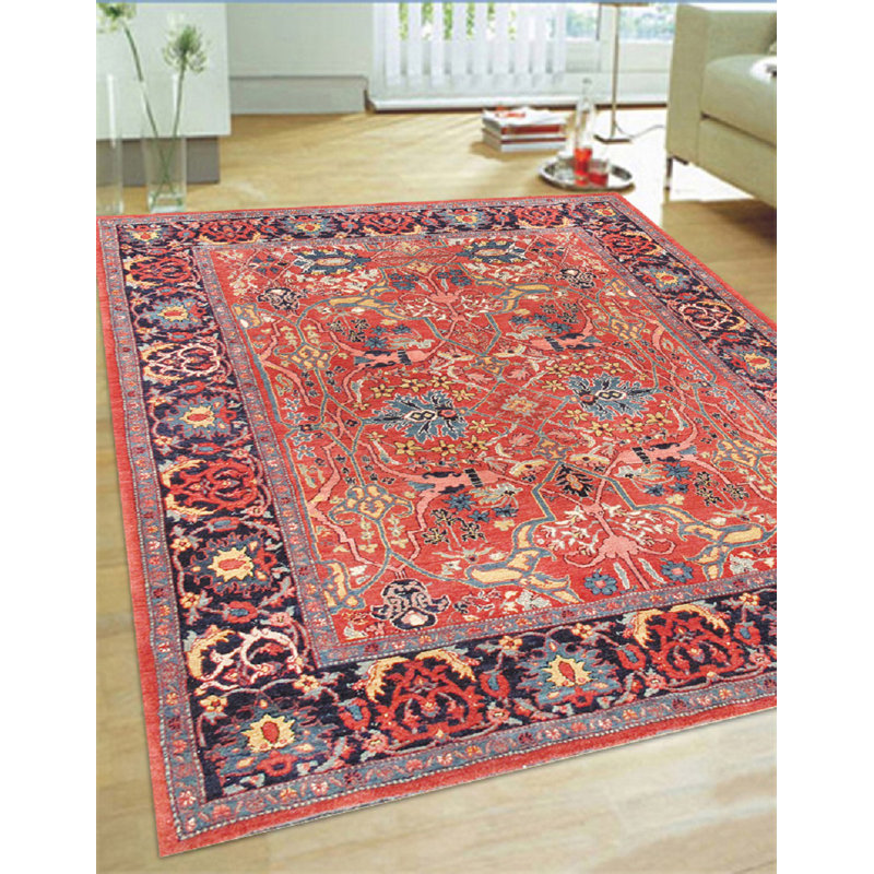 Hand-Knotted Red Wool Rectangular Area Rug 5'6" x 7'6"