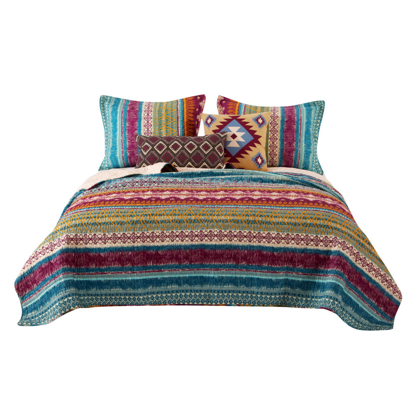 Blue Full Cotton Reversible Quilt Set