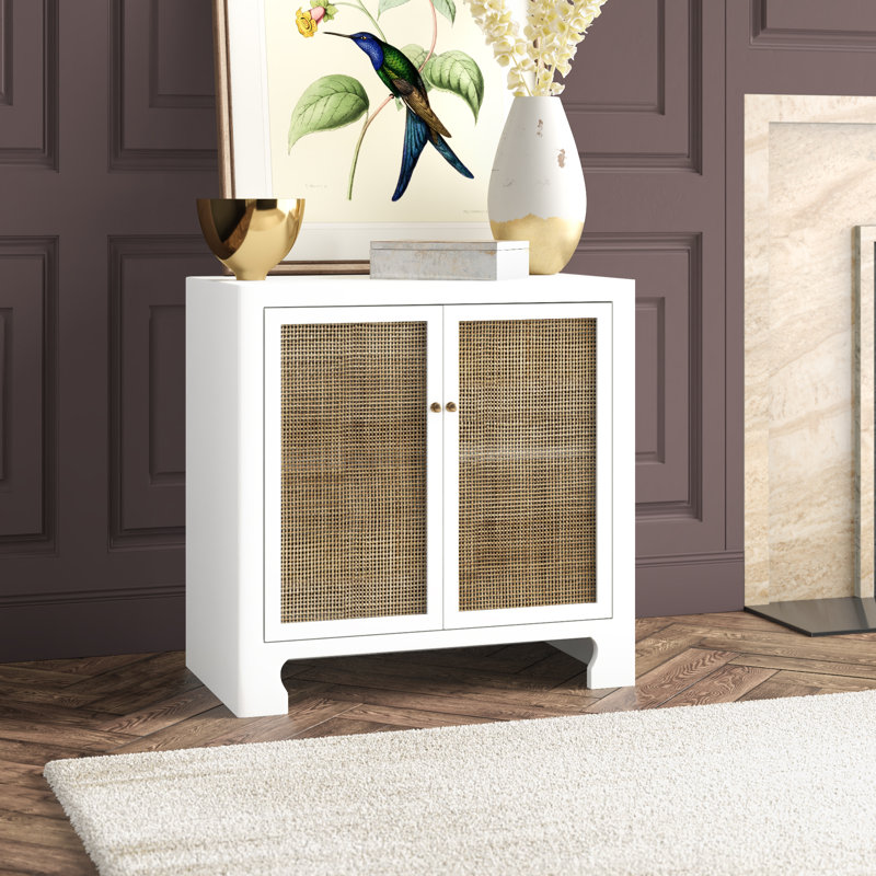 Alden White Lacquer & Cane Accent Cabinet with Brass Hardware