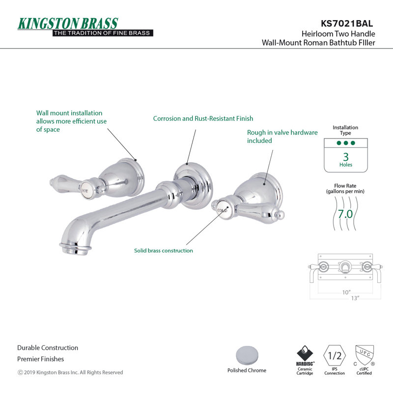 Elegant Heirloom Polished Chrome Dual-Lever Wall-Mount Tub Faucet