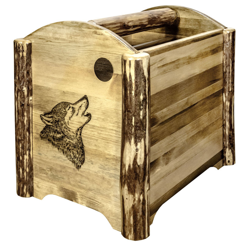 Rustic Pine Magazine Rack with Wolf Engraving