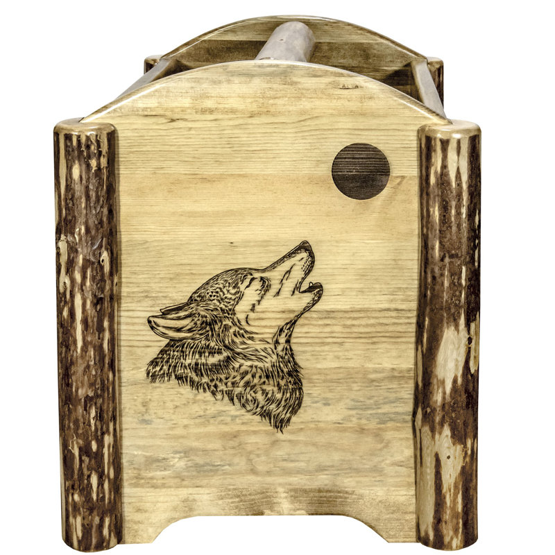 Rustic Pine Magazine Rack with Wolf Engraving