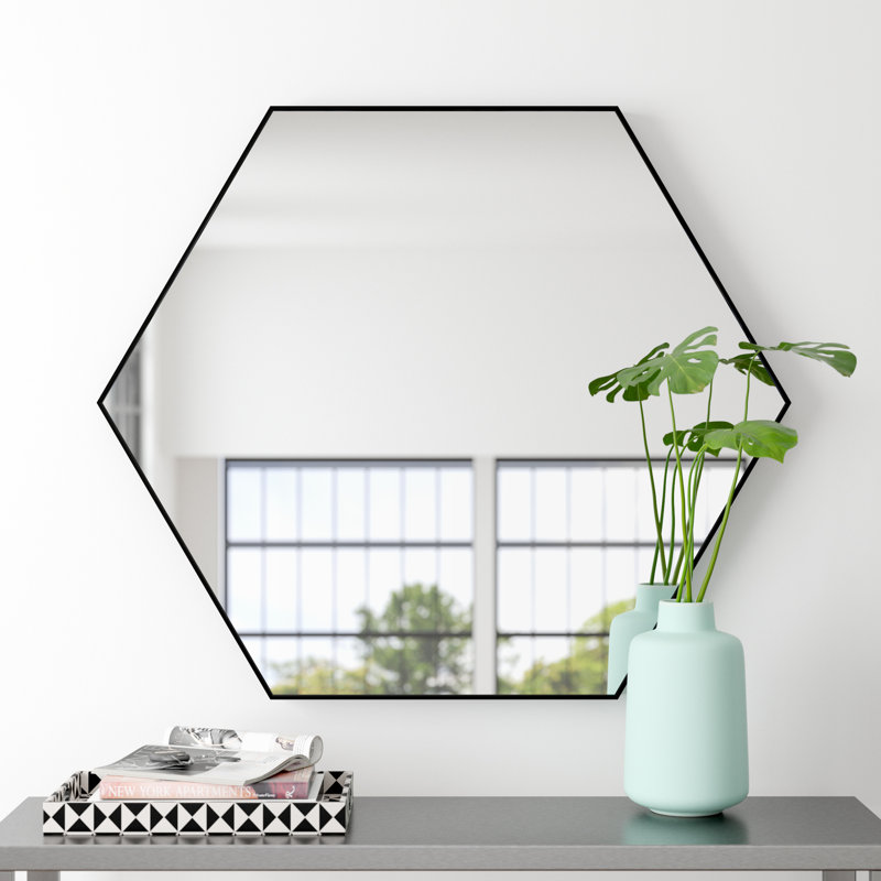 Hexagonal Black Wood Full Length Wall Mirror, 24" x 21"