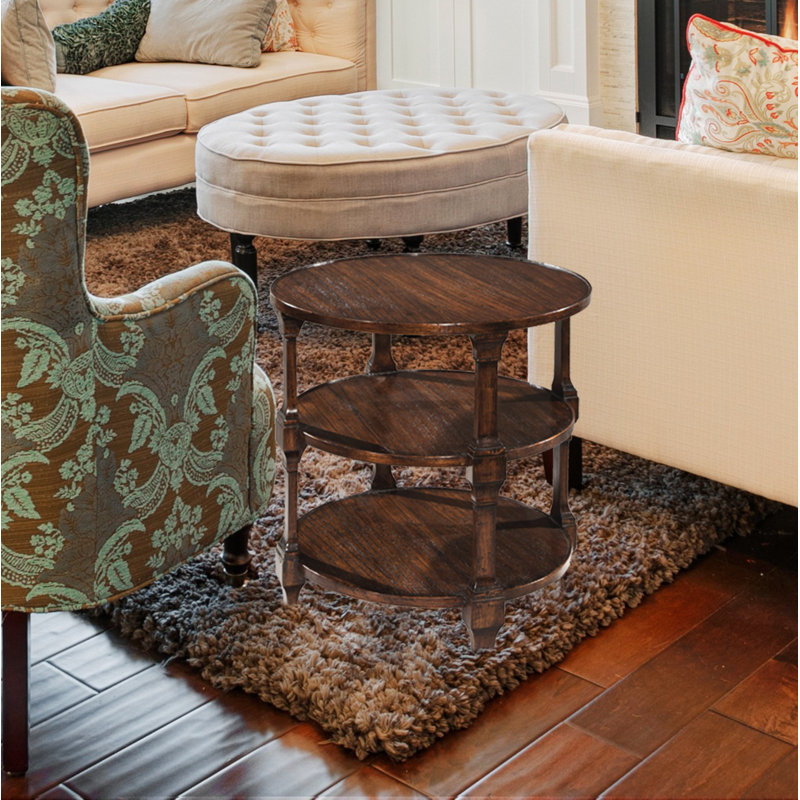 Traditional Round Brown Wood & Metal 3-Tiered Storage End Table