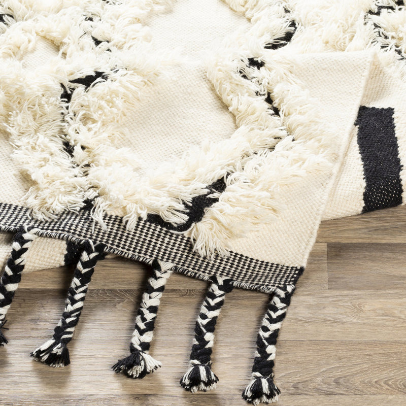 Black and Cream Wool Geometric 3' x 5' Area Rug