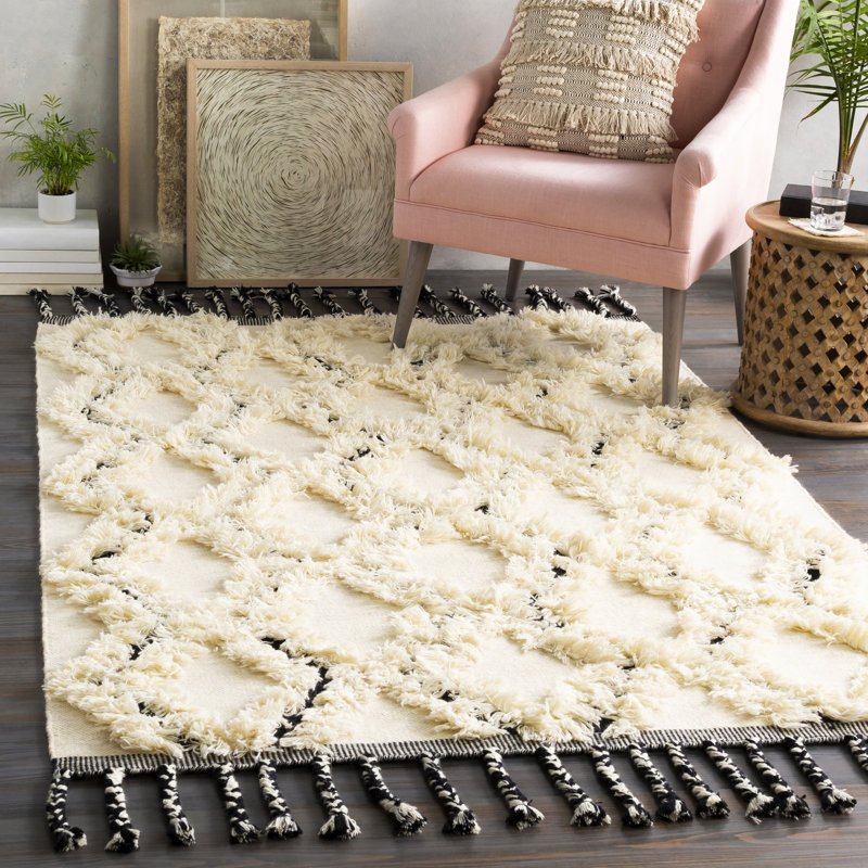 Black and Cream Wool Geometric 3' x 5' Area Rug