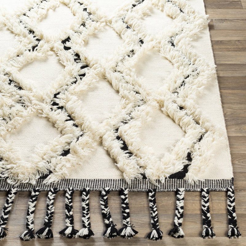 Black and Cream Wool Geometric 3' x 5' Area Rug