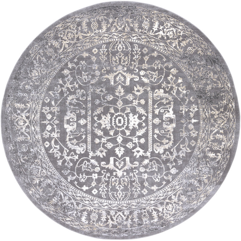 Round Ivory and Gray Synthetic Stain-Resistant Rug, 5'3"