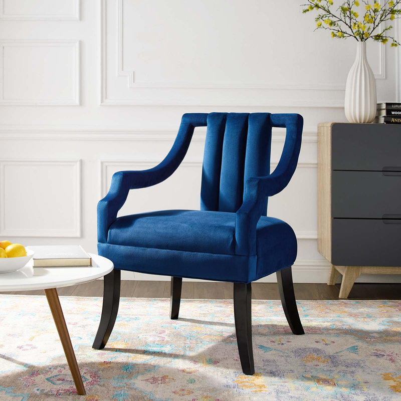 Navy Velvet Handcrafted Accent Chair with Birch Wood Legs