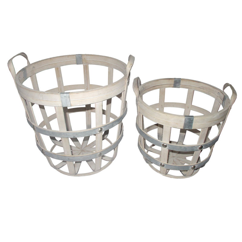 White-Washed Round Woven Baskets Set of 2