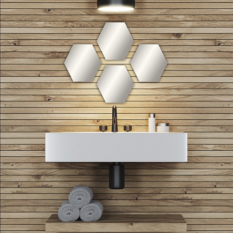 Elegant Hexagonal Frameless Adhesive Mirror Set, 7.12" H x 6.14" W