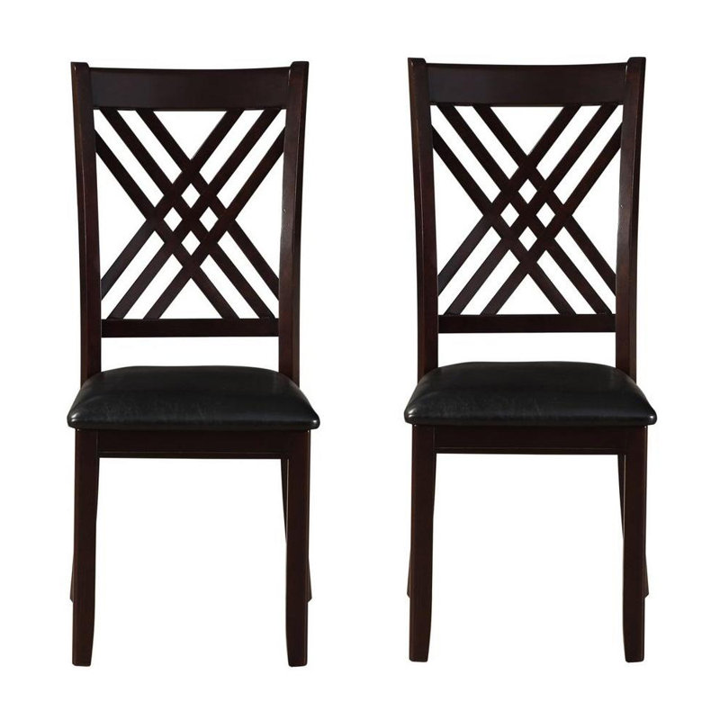 Espresso Rubberwood Cross Back Dining Chair Set with Black Faux Leather