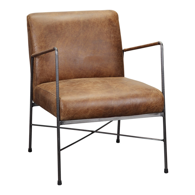 Transitional Dagwood Brown Leather Armchair with Metal Frame