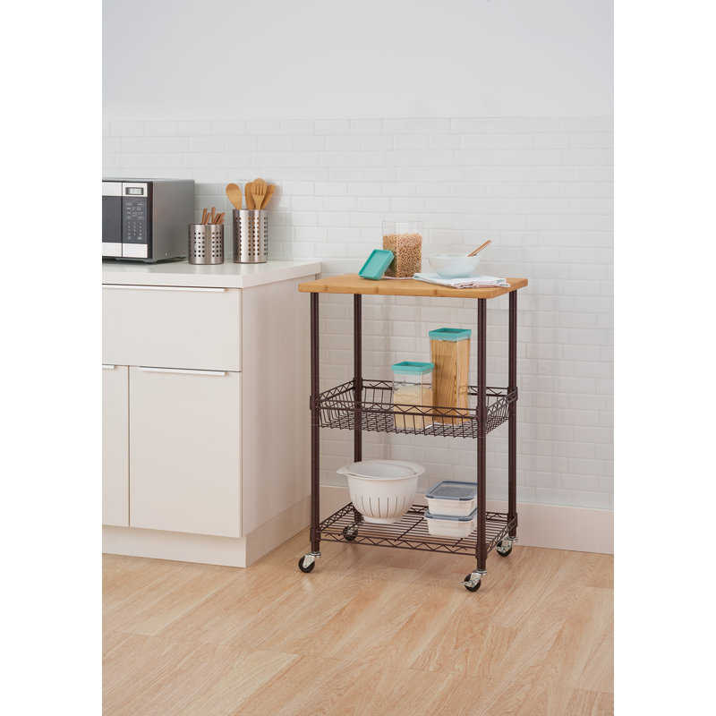 24" Dark Bronze Steel Kitchen Cart with Bamboo Top and Adjustable Storage