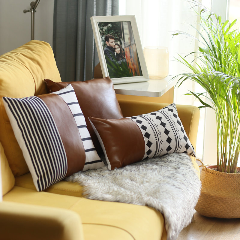 Brown and Ivory Striped Faux Leather Lumbar Pillow Covers, 12" x 20"