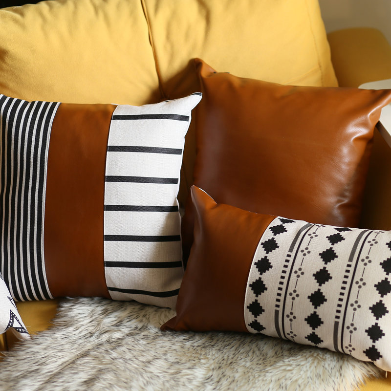 Brown and Ivory Striped Faux Leather Lumbar Pillow Covers, 12" x 20"