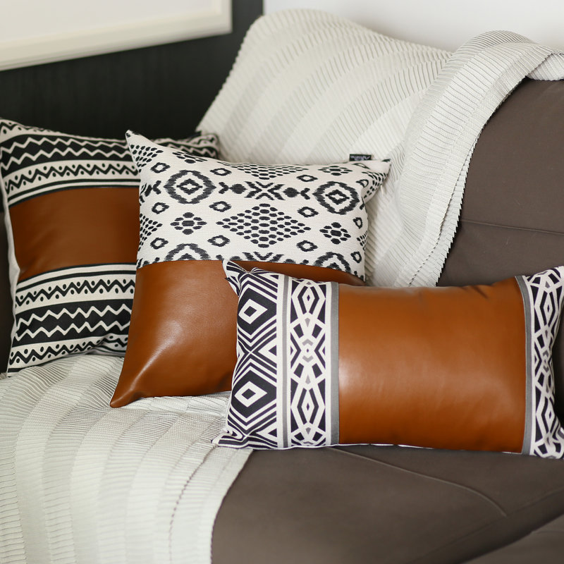 Brown and Ivory Faux Leather and Patterned Polyester 17" Pillow Covers