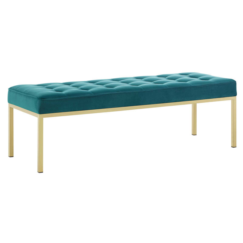 Mid-Century Modern Teal Performance Velvet Bench with Gold Stainless Steel Legs