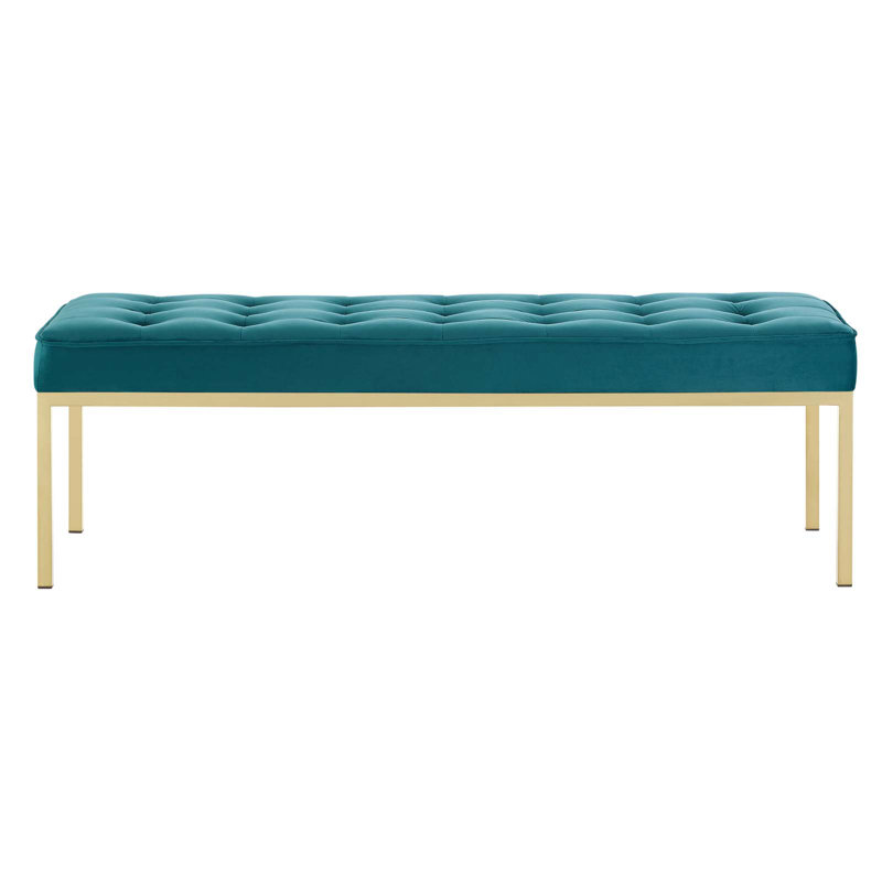 Mid-Century Modern Teal Performance Velvet Bench with Gold Stainless Steel Legs