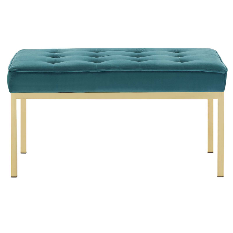 Mid-Century Modern Teal Performance Velvet Bench with Gold Stainless Steel Legs