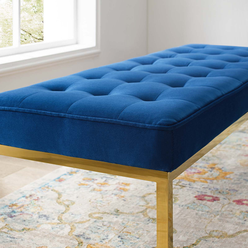 Mid-Century Modern Teal Performance Velvet Bench with Gold Stainless Steel Legs