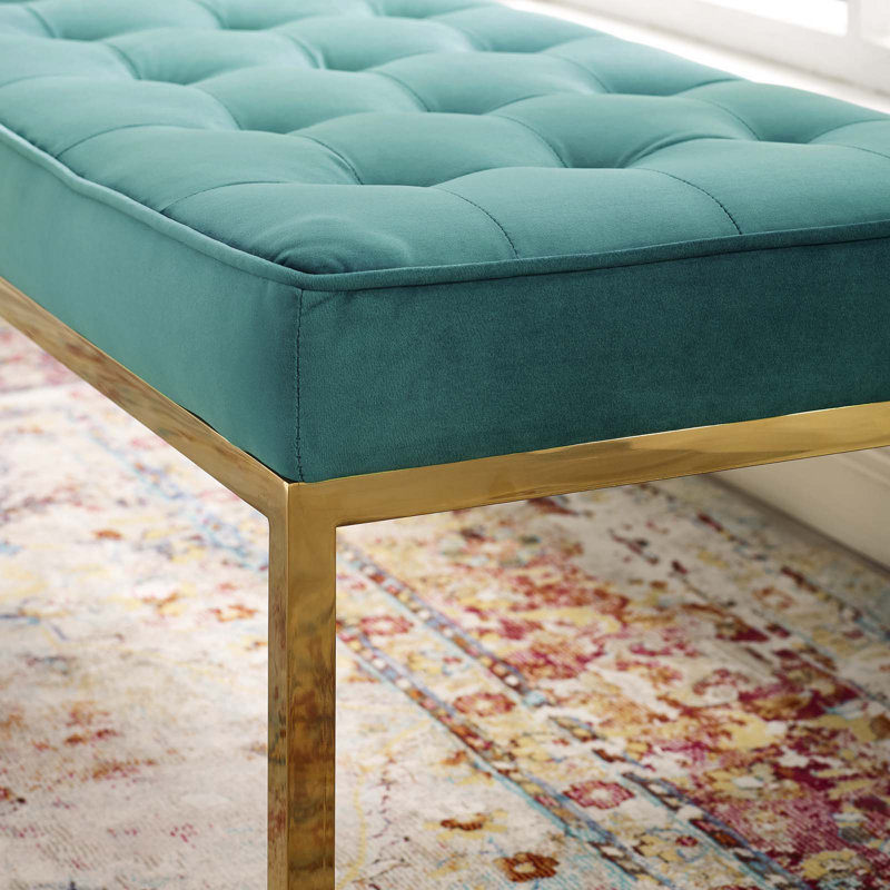 Mid-Century Modern Teal Performance Velvet Bench with Gold Stainless Steel Legs