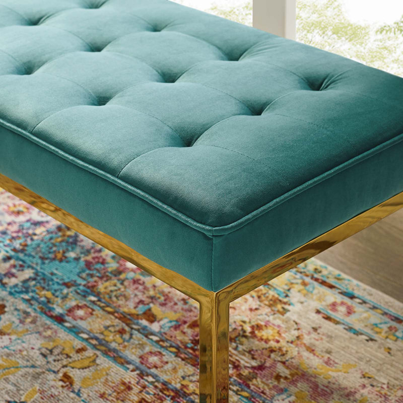 Mid-Century Modern Teal Performance Velvet Bench with Gold Stainless Steel Legs