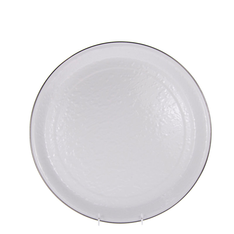 White Circular Enamel Tray with Stainless Steel Accents