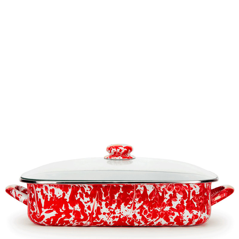 Red Porcelain Enamel Rectangle Roasting Pan with Glass Lid