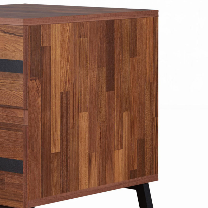 Walnut and Black Modern Rectangular Nightstand with Storage