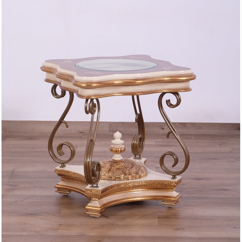 Antique Beige & Gold Mahogany Glass End Table with Storage