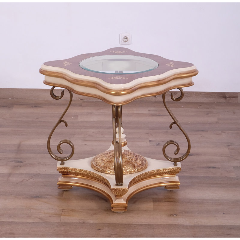 Antique Beige & Gold Mahogany Glass End Table with Storage