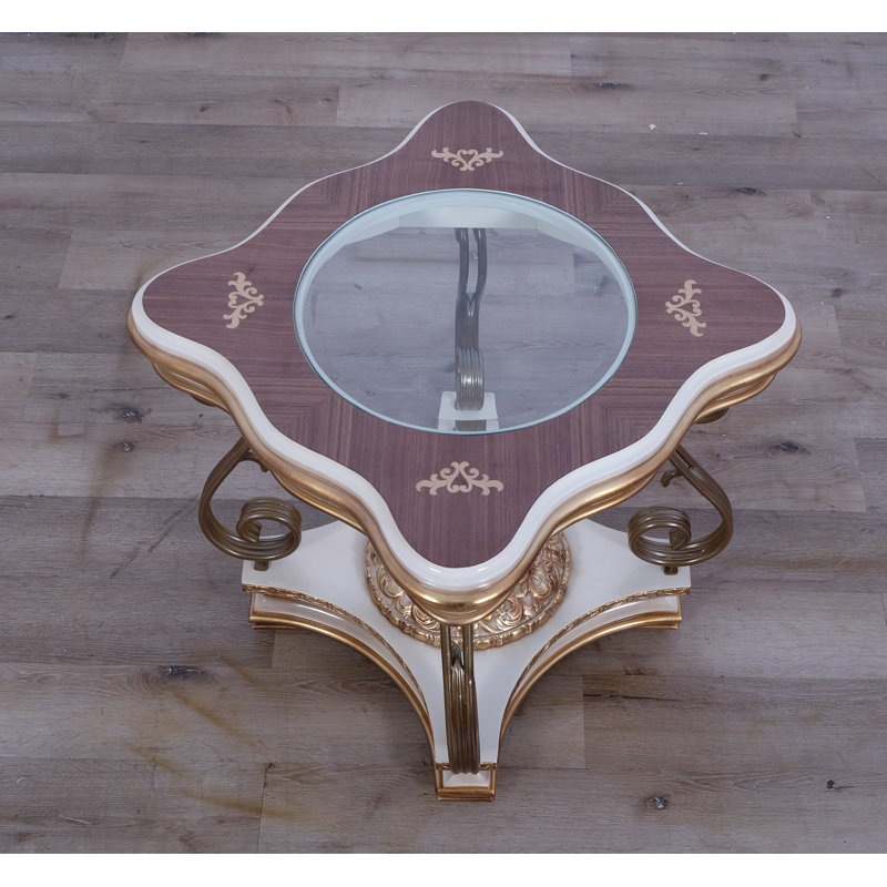 Antique Beige & Gold Mahogany Glass End Table with Storage